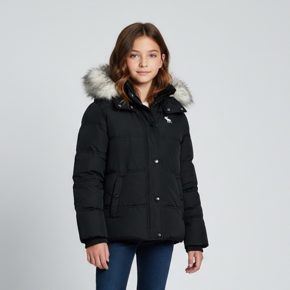 Abercrombie Kids Black Puffer Fleece Lined Jacket Faux Fur Hood Girls 11/12